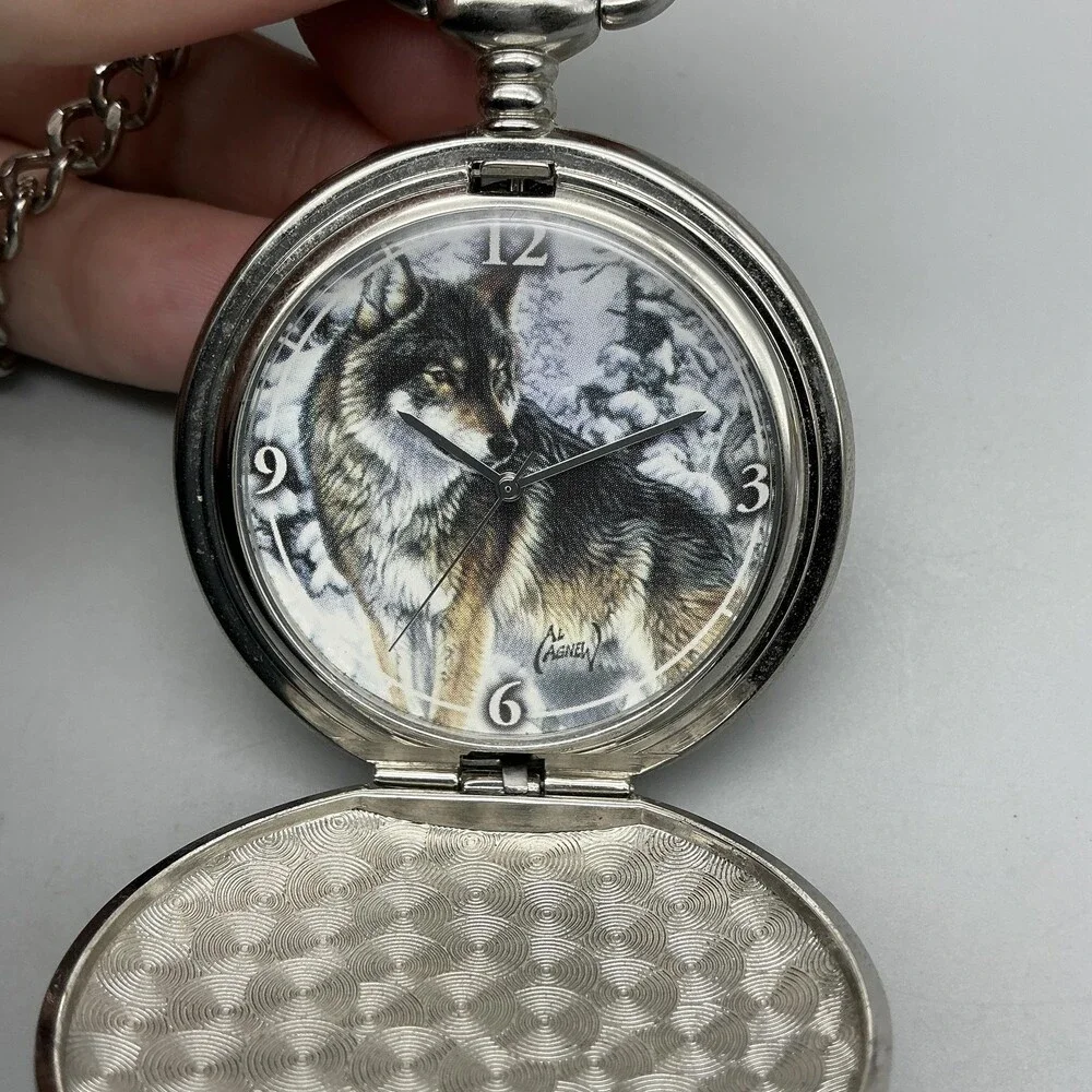Al Agnew Pocket Watch Men 46mm Silver Tone Wolf Full Hunter Chain New Battery